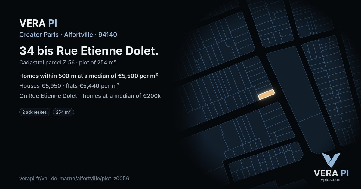 34 bis Rue Etienne Dolet, Alfortville at night – the plot lit, the parcels around coloured by the prices near them