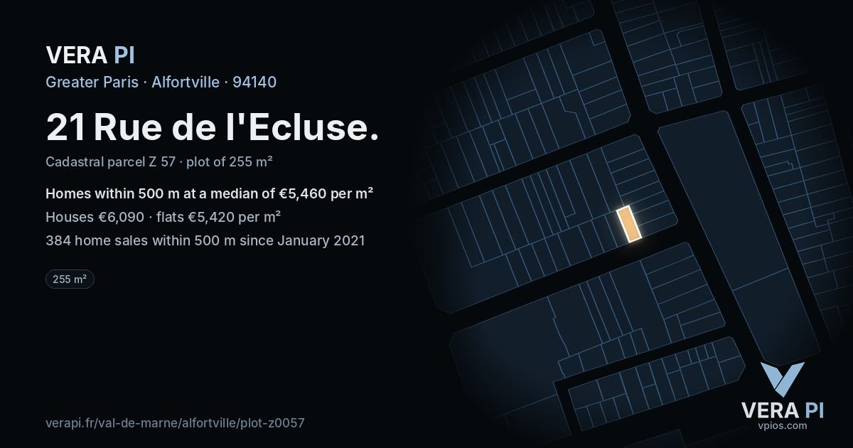 21 Rue de l'Ecluse, Alfortville at night – the plot lit, the parcels around coloured by the prices near them