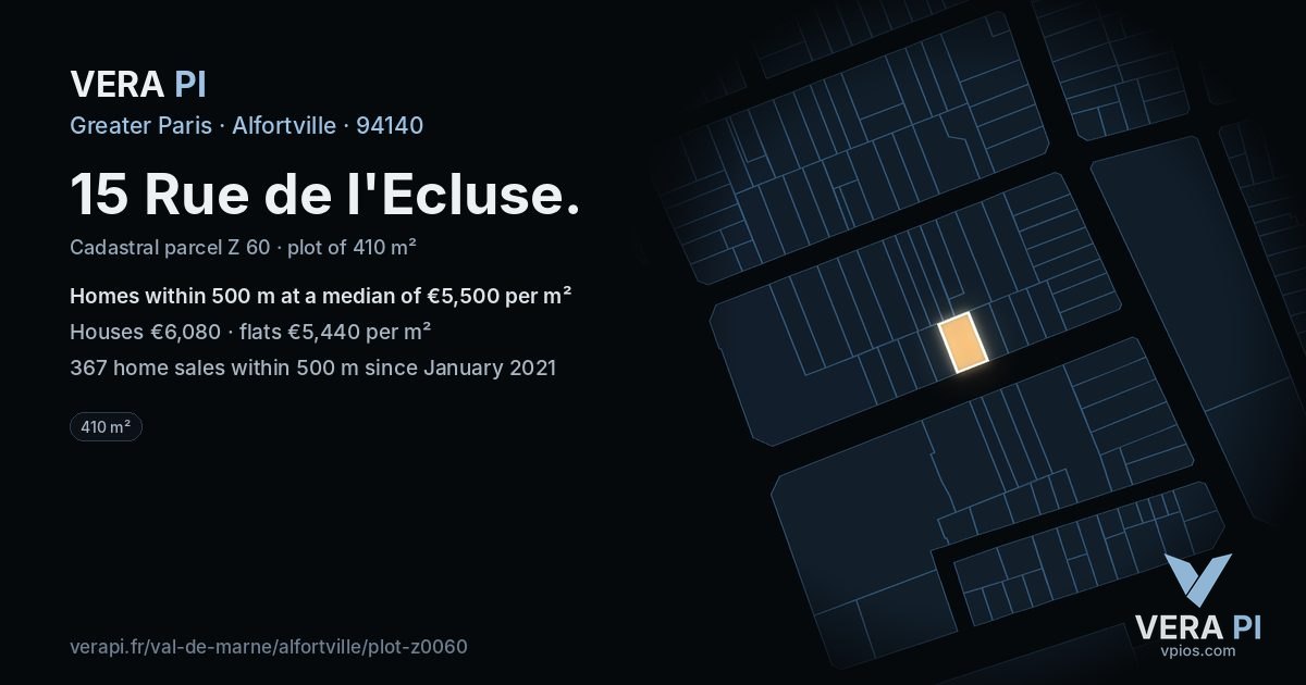 15 Rue de l'Ecluse, Alfortville at night – the plot lit, the parcels around coloured by the prices near them