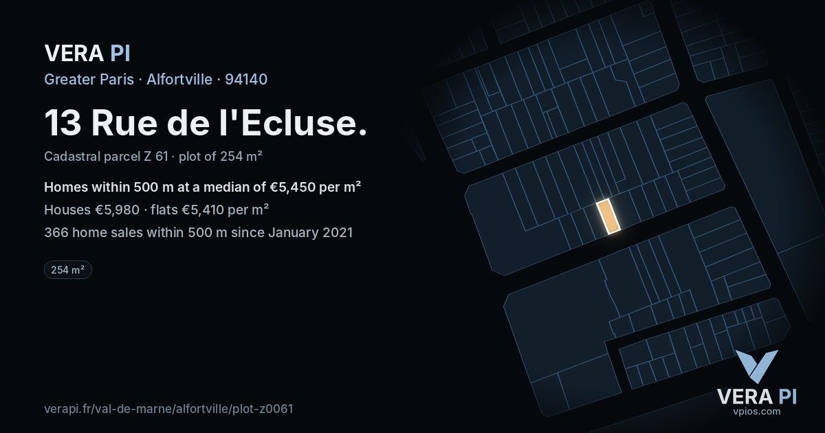 13 Rue de l'Ecluse, Alfortville at night – the plot lit, the parcels around coloured by the prices near them