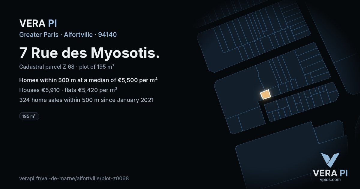 7 Rue des Myosotis, Alfortville at night – the plot lit, the parcels around coloured by the prices near them