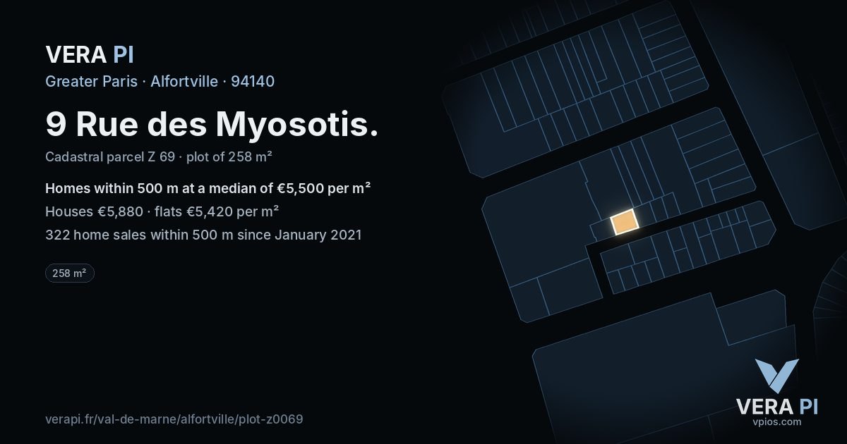 9 Rue des Myosotis, Alfortville at night – the plot lit, the parcels around coloured by the prices near them