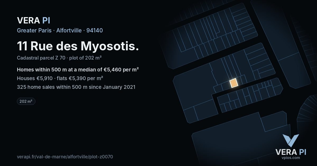11 Rue des Myosotis, Alfortville at night – the plot lit, the parcels around coloured by the prices near them