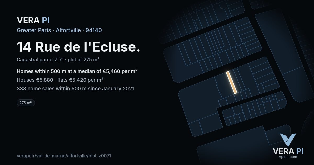 14 Rue de l'Ecluse, Alfortville at night – the plot lit, the parcels around coloured by the prices near them
