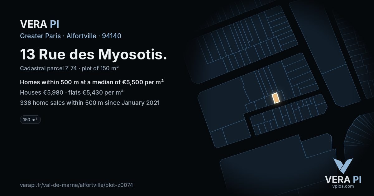 13 Rue des Myosotis, Alfortville at night – the plot lit, the parcels around coloured by the prices near them