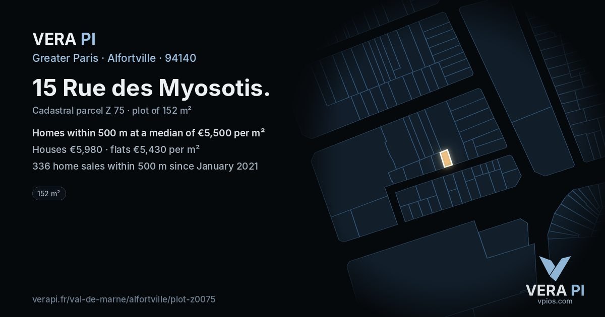 15 Rue des Myosotis, Alfortville at night – the plot lit, the parcels around coloured by the prices near them