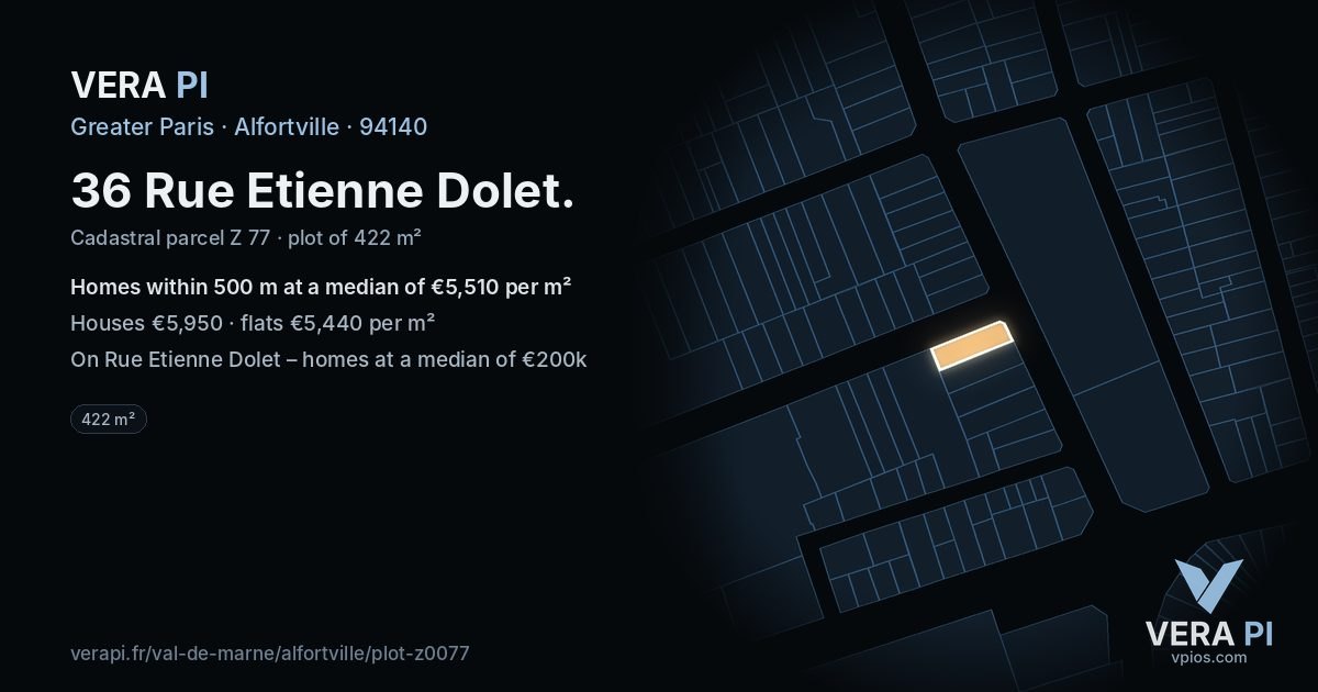 36 Rue Etienne Dolet, Alfortville at night – the plot lit, the parcels around coloured by the prices near them