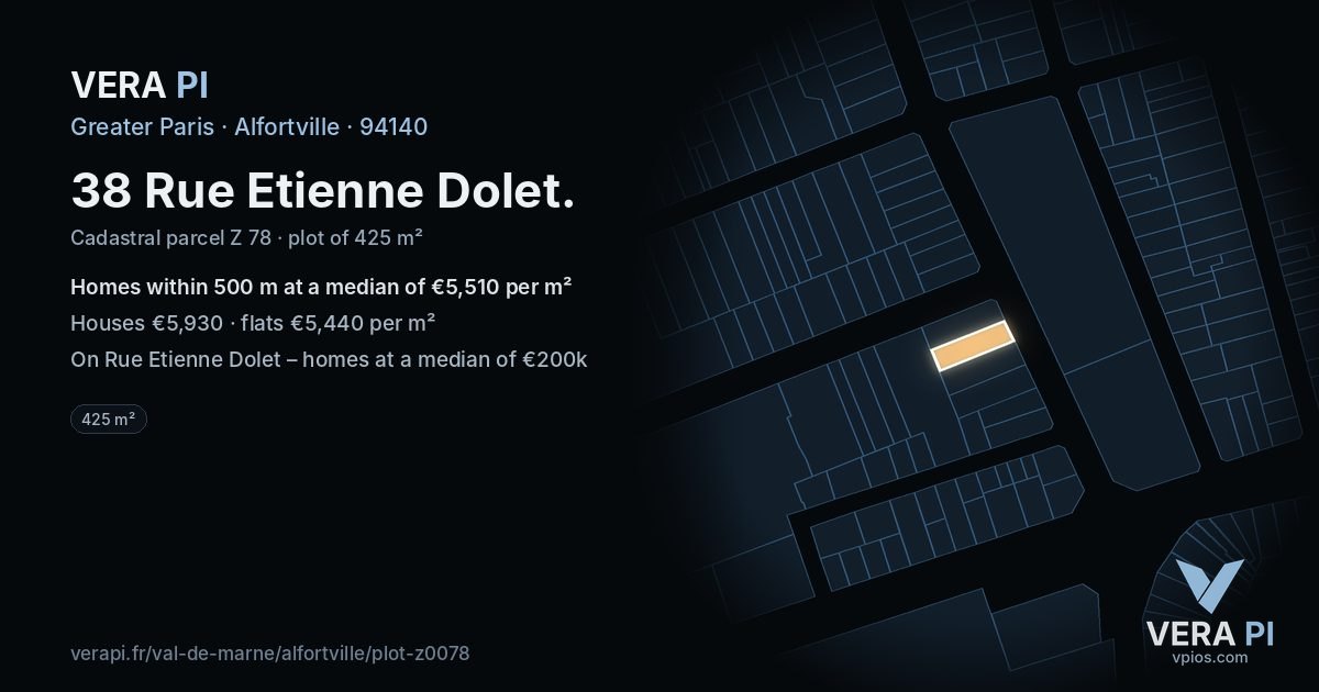 38 Rue Etienne Dolet, Alfortville at night – the plot lit, the parcels around coloured by the prices near them