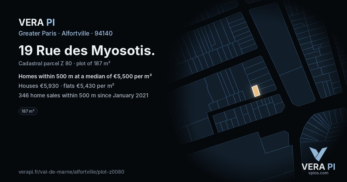 19 Rue des Myosotis, Alfortville at night – the plot lit, the parcels around coloured by the prices near them