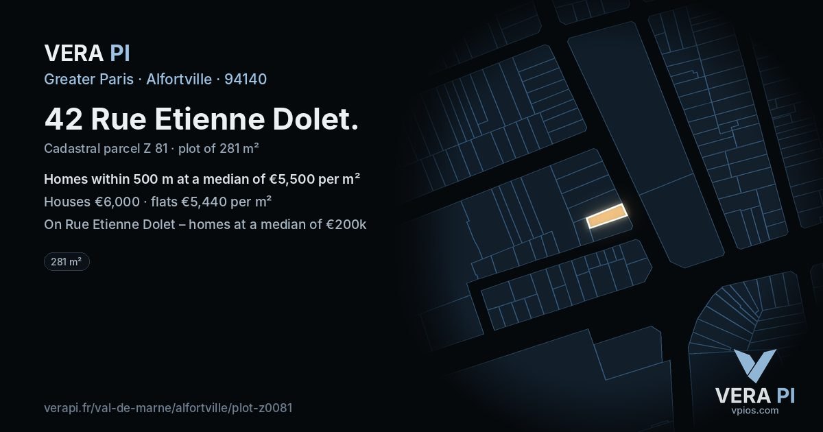 42 Rue Etienne Dolet, Alfortville at night – the plot lit, the parcels around coloured by the prices near them