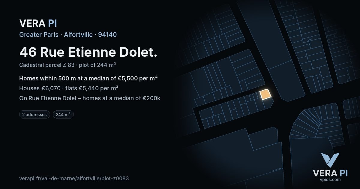 46 Rue Etienne Dolet, Alfortville at night – the plot lit, the parcels around coloured by the prices near them