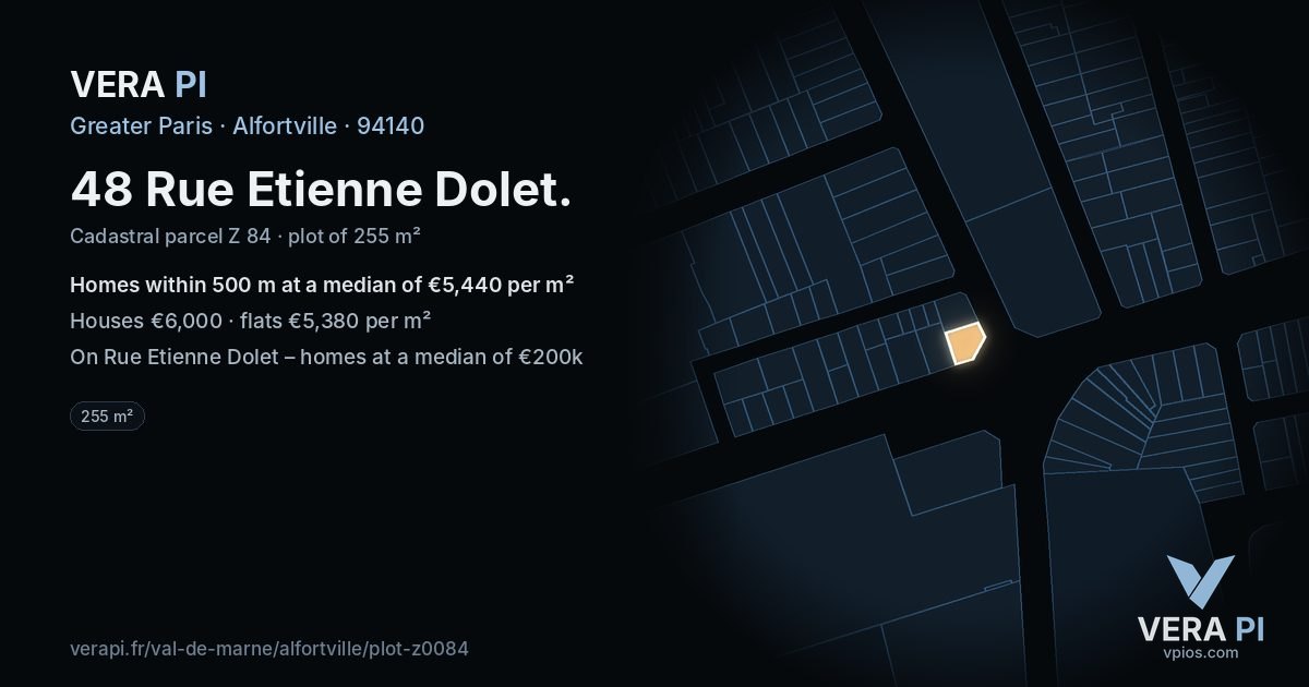 48 Rue Etienne Dolet, Alfortville at night – the plot lit, the parcels around coloured by the prices near them