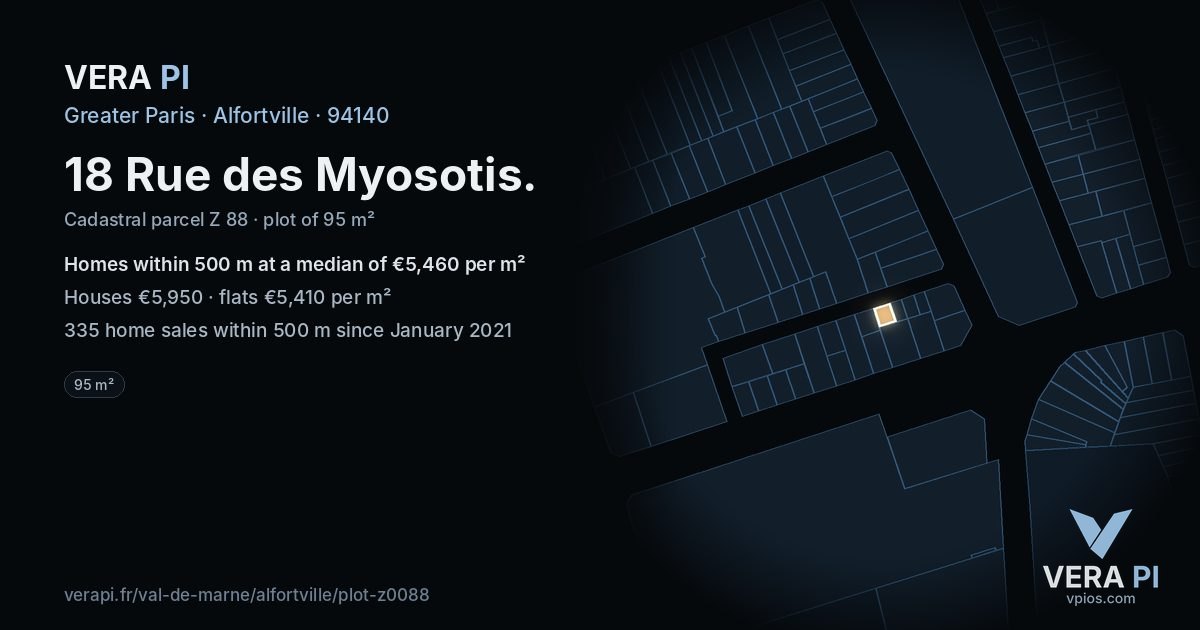 18 Rue des Myosotis, Alfortville at night – the plot lit, the parcels around coloured by the prices near them