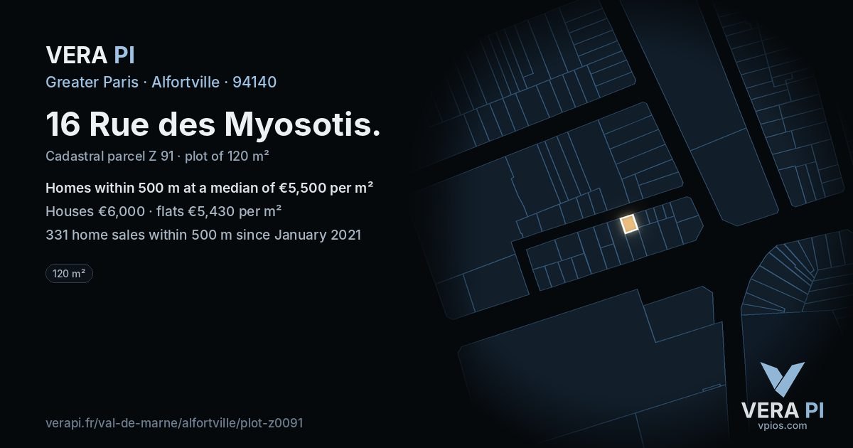 16 Rue des Myosotis, Alfortville at night – the plot lit, the parcels around coloured by the prices near them