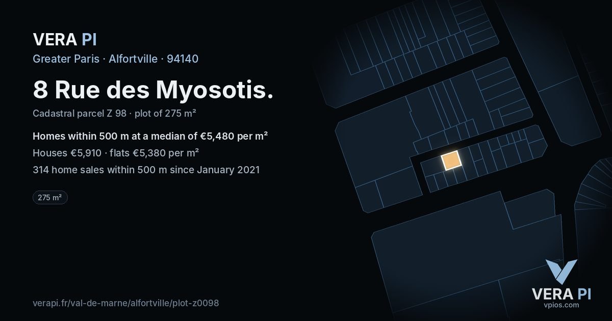 8 Rue des Myosotis, Alfortville at night – the plot lit, the parcels around coloured by the prices near them