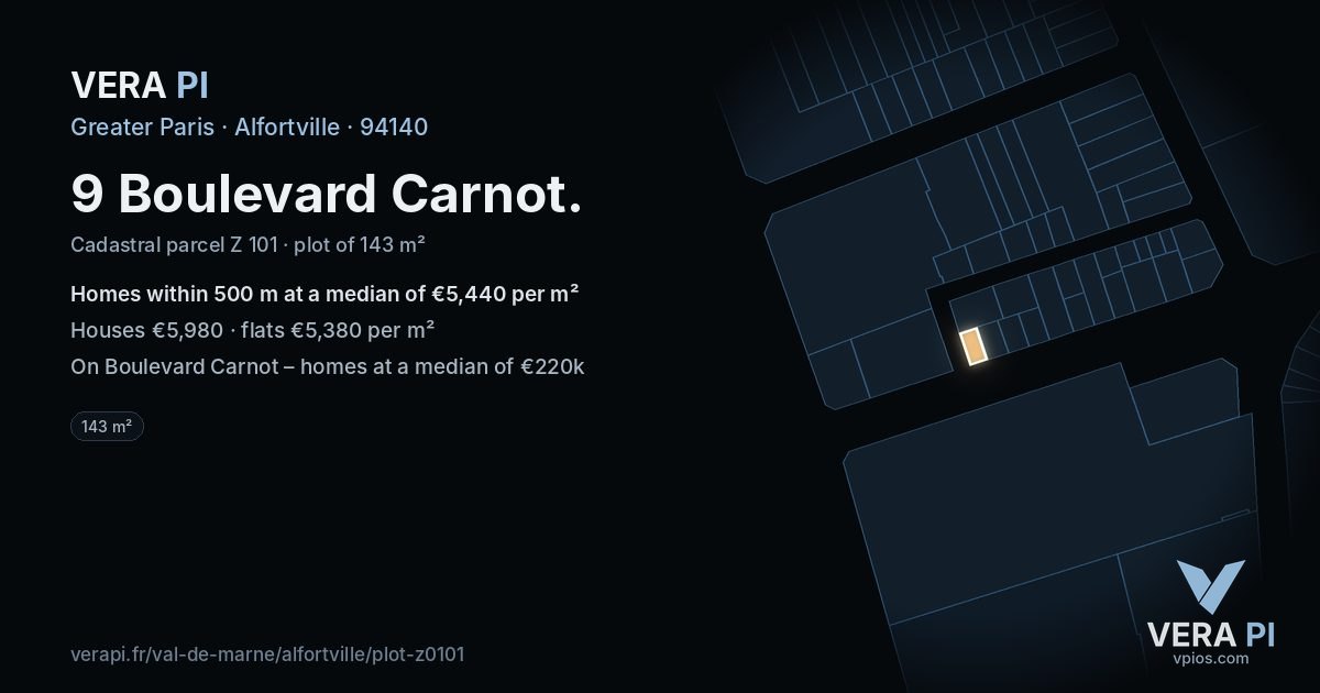 9 Boulevard Carnot, Alfortville at night – the plot lit, the parcels around coloured by the prices near them