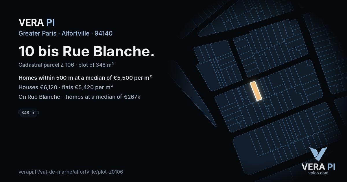 10 bis Rue Blanche, Alfortville at night – the plot lit, the parcels around coloured by the prices near them