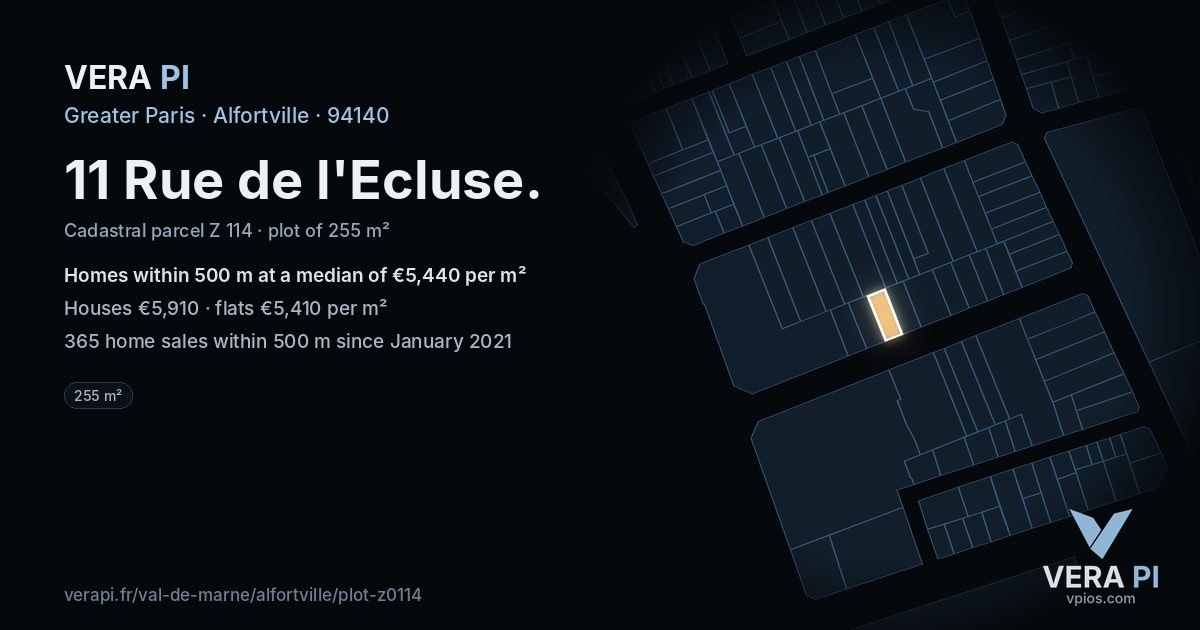11 Rue de l'Ecluse, Alfortville at night – the plot lit, the parcels around coloured by the prices near them