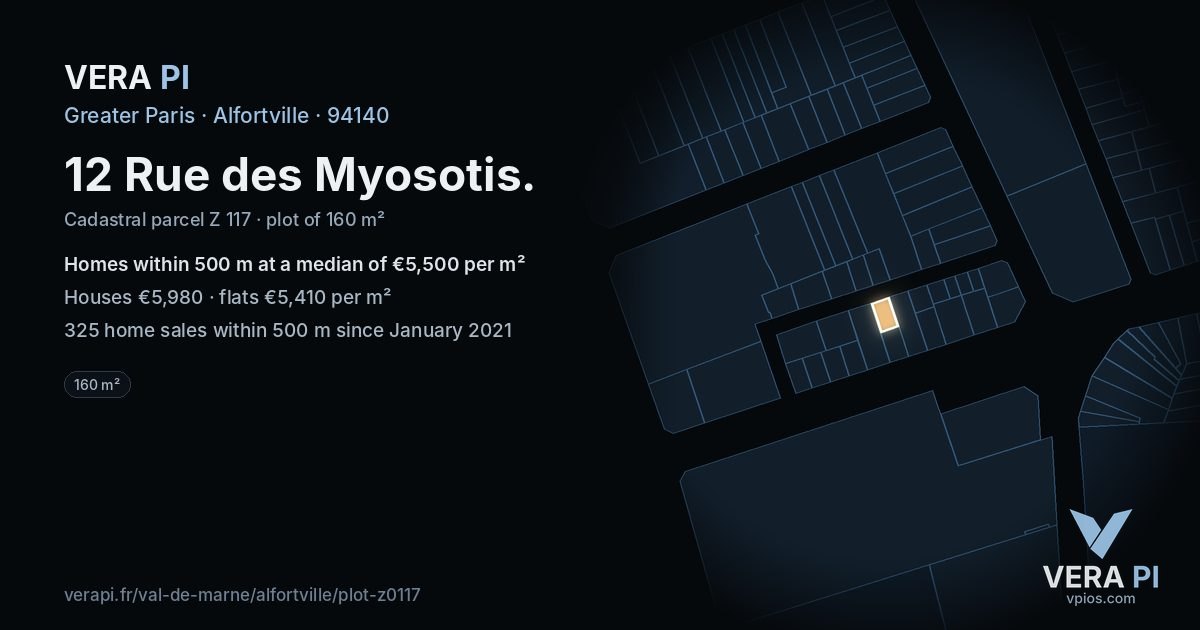 12 Rue des Myosotis, Alfortville at night – the plot lit, the parcels around coloured by the prices near them