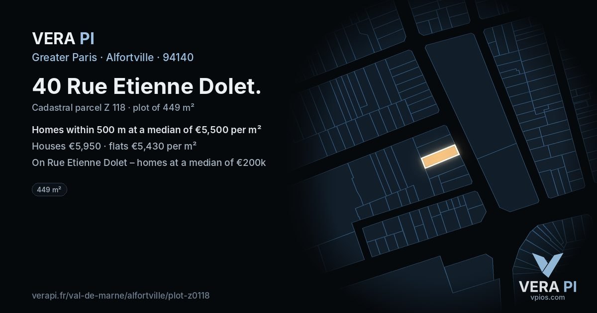 40 Rue Etienne Dolet, Alfortville at night – the plot lit, the parcels around coloured by the prices near them
