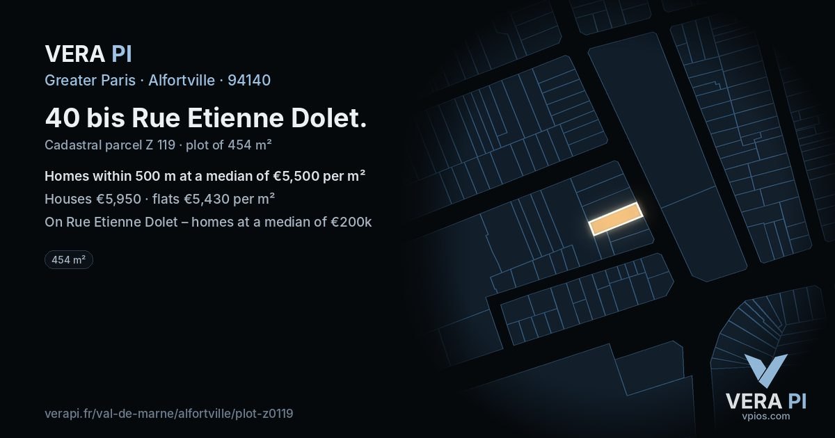 40 bis Rue Etienne Dolet, Alfortville at night – the plot lit, the parcels around coloured by the prices near them