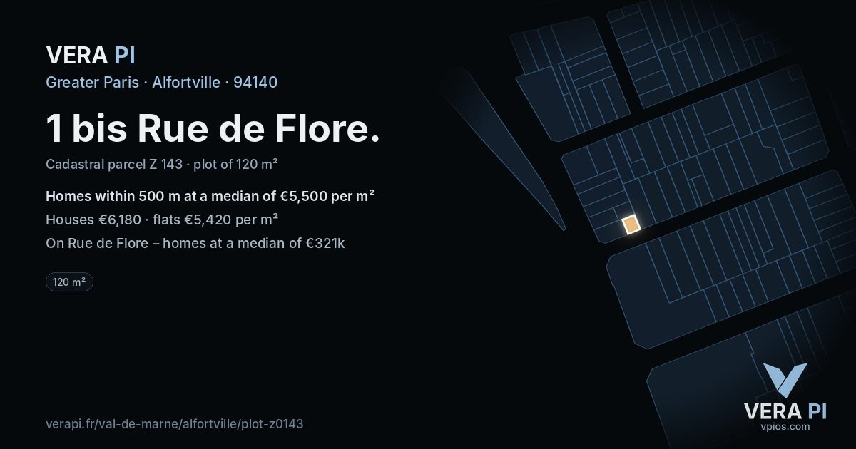 1 bis Rue de Flore, Alfortville at night – the plot lit, the parcels around coloured by the prices near them