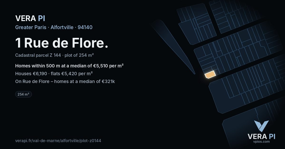 1 Rue de Flore, Alfortville at night – the plot lit, the parcels around coloured by the prices near them
