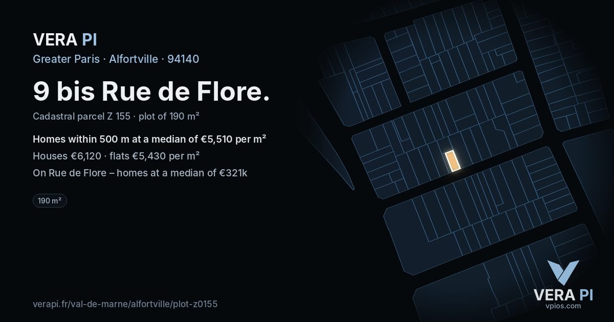 9 bis Rue de Flore, Alfortville at night – the plot lit, the parcels around coloured by the prices near them