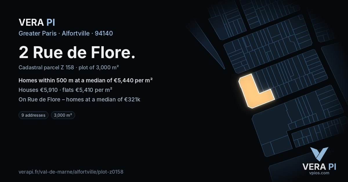 2 Rue de Flore, Alfortville at night – the plot lit, the parcels around coloured by the prices near them