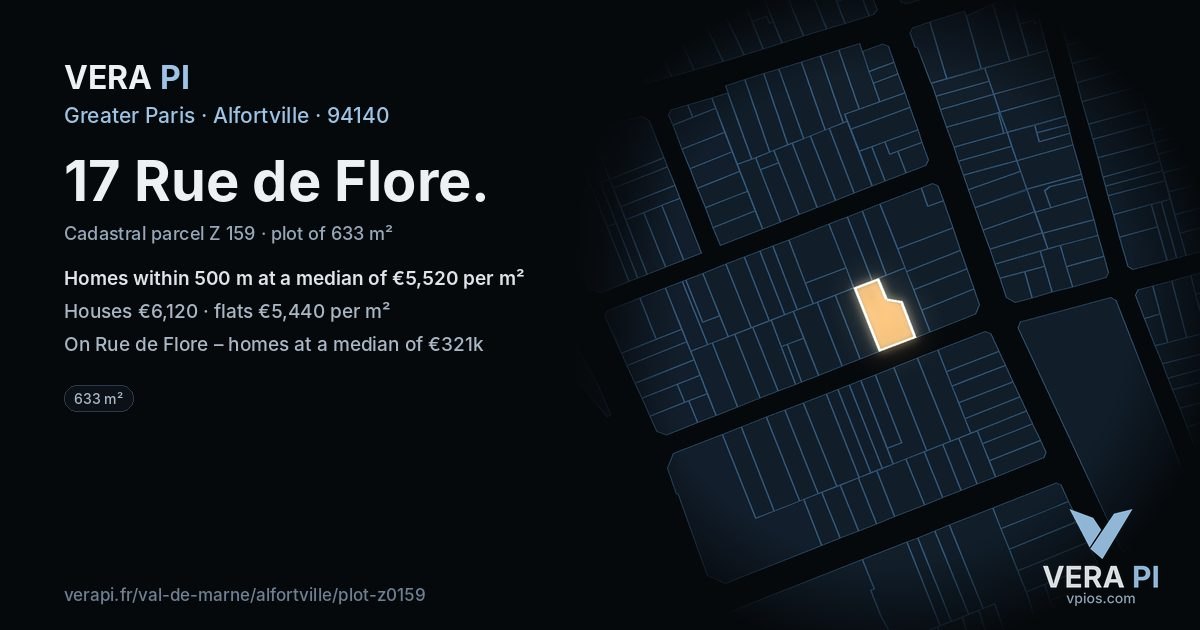 17 Rue de Flore, Alfortville at night – the plot lit, the parcels around coloured by the prices near them