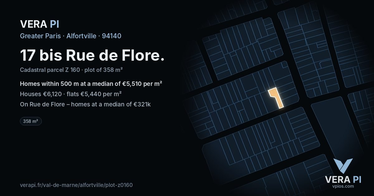 17 bis Rue de Flore, Alfortville at night – the plot lit, the parcels around coloured by the prices near them
