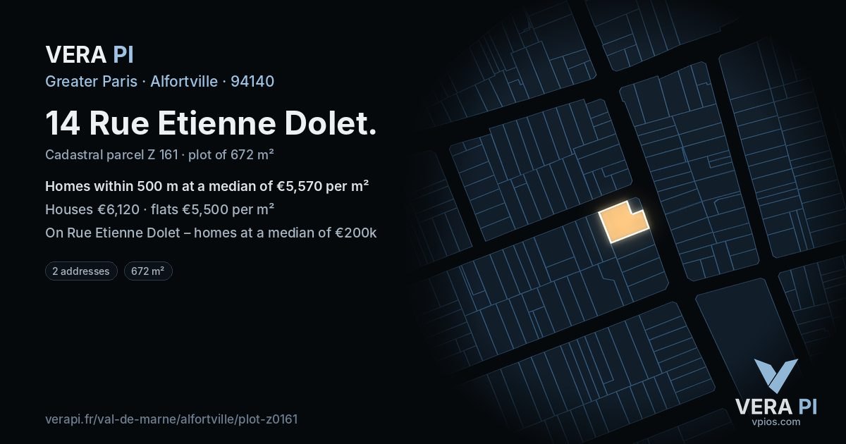 14 Rue Etienne Dolet, Alfortville at night – the plot lit, the parcels around coloured by the prices near them