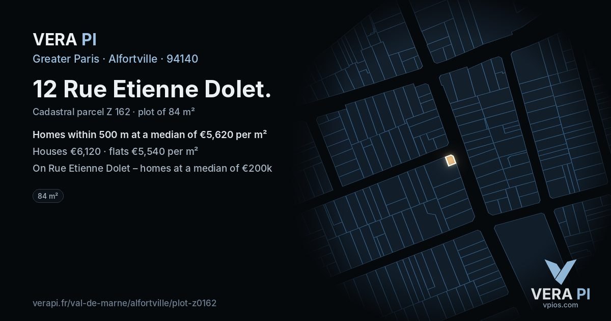 12 Rue Etienne Dolet, Alfortville at night – the plot lit, the parcels around coloured by the prices near them