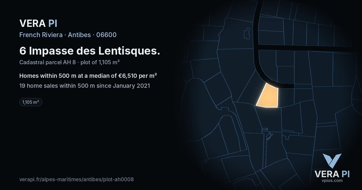 6 Impasse des Lentisques, Antibes at night – the plot lit, the parcels around coloured by the prices near them