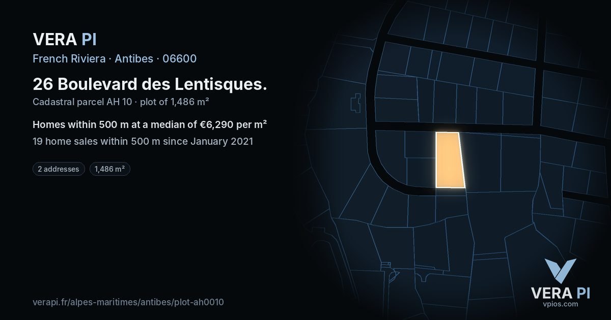 26 Boulevard des Lentisques, Antibes at night – the plot lit, the parcels around coloured by the prices near them