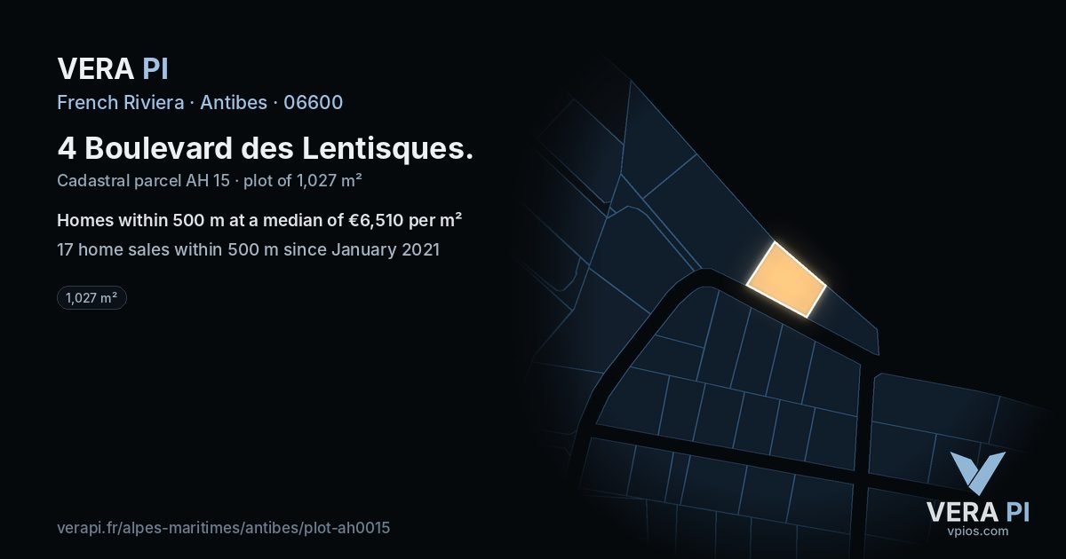 4 Boulevard des Lentisques, Antibes at night – the plot lit, the parcels around coloured by the prices near them
