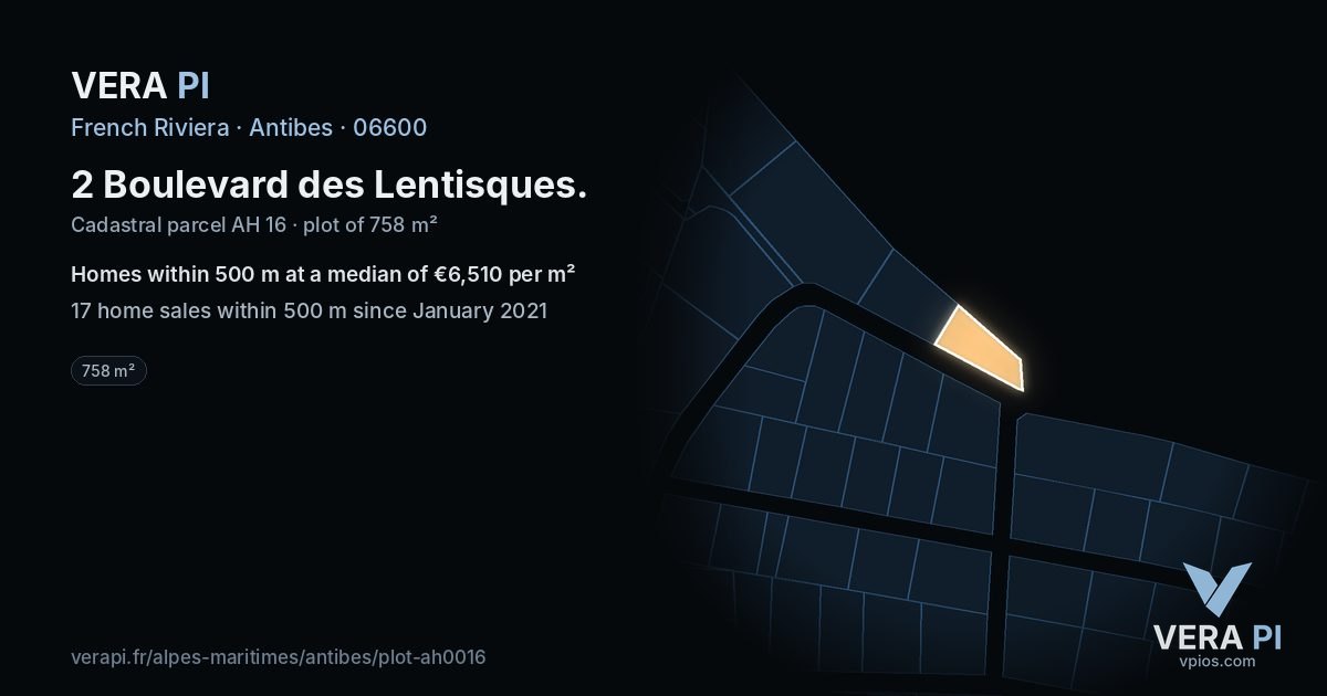 2 Boulevard des Lentisques, Antibes at night – the plot lit, the parcels around coloured by the prices near them