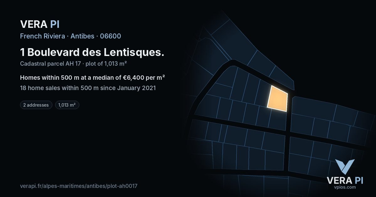 1 Boulevard des Lentisques, Antibes at night – the plot lit, the parcels around coloured by the prices near them