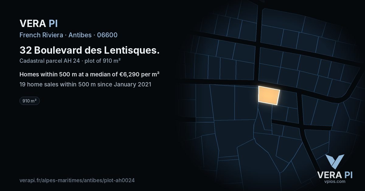32 Boulevard des Lentisques, Antibes at night – the plot lit, the parcels around coloured by the prices near them