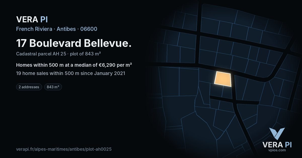 17 Boulevard Bellevue, Antibes at night – the plot lit, the parcels around coloured by the prices near them