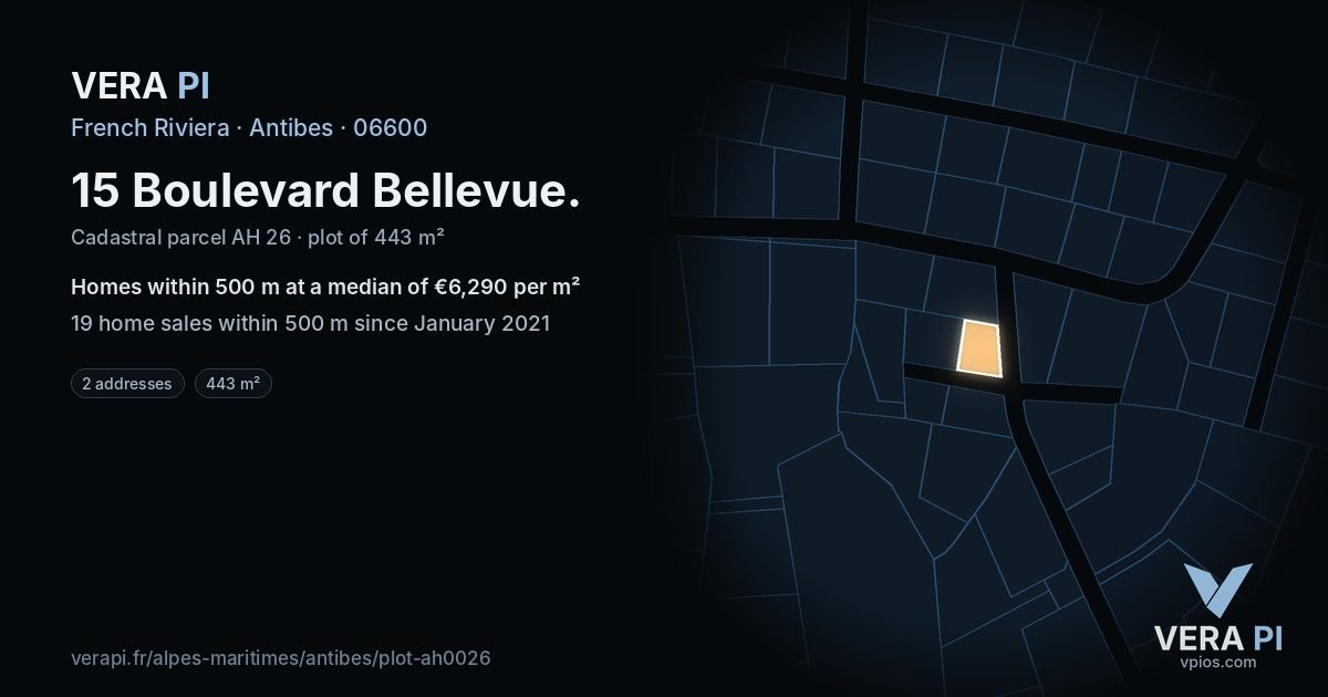 15 Boulevard Bellevue, Antibes at night – the plot lit, the parcels around coloured by the prices near them
