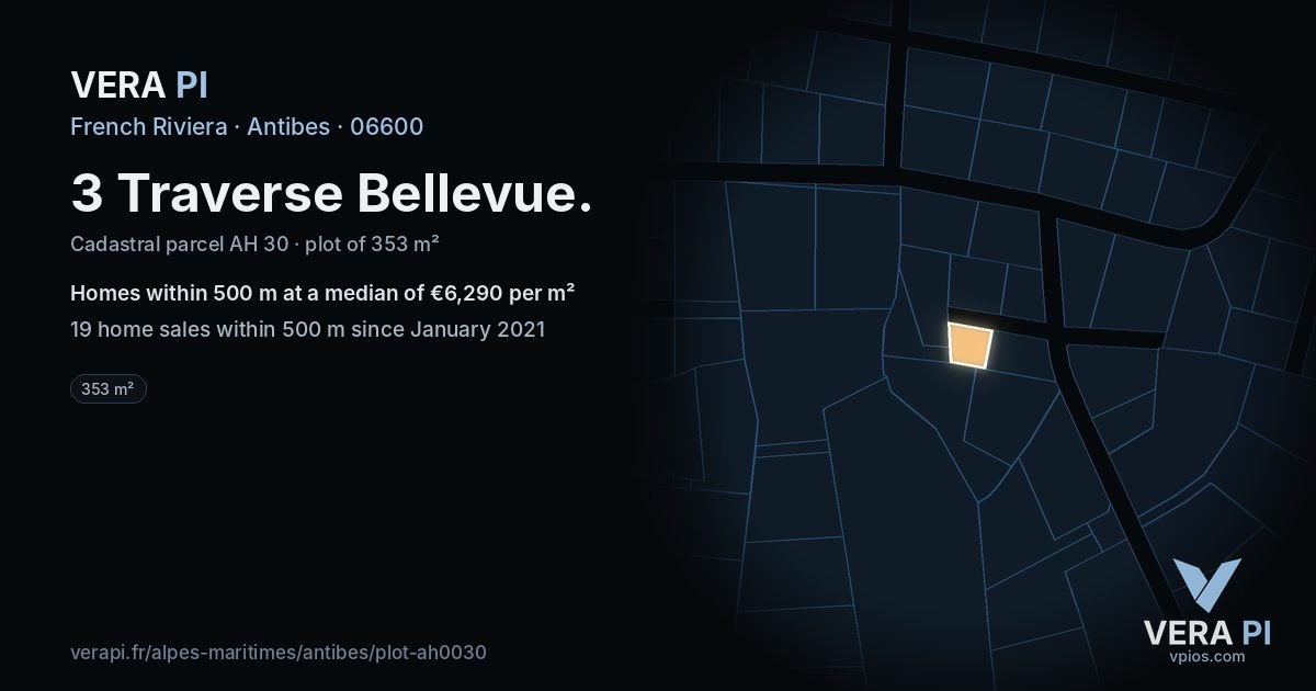 3 Traverse Bellevue, Antibes at night – the plot lit, the parcels around coloured by the prices near them