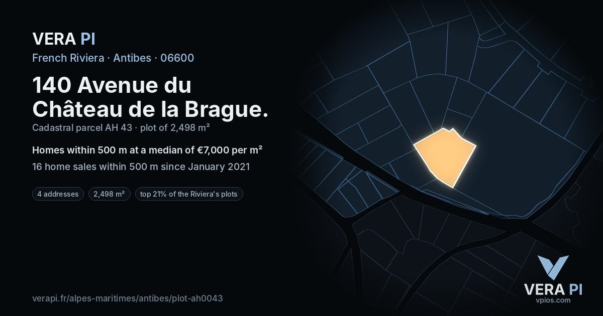 140 Avenue du Château de la Brague, Antibes at night – the plot lit, the parcels around coloured by the prices near them