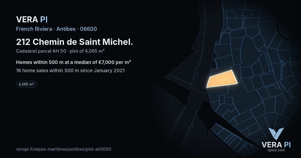 212 Chemin de Saint Michel, Antibes at night – the plot lit, the parcels around coloured by the prices near them
