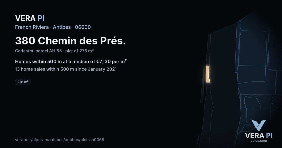 380 Chemin des Prés, Antibes at night – the plot lit, the parcels around coloured by the prices near them
