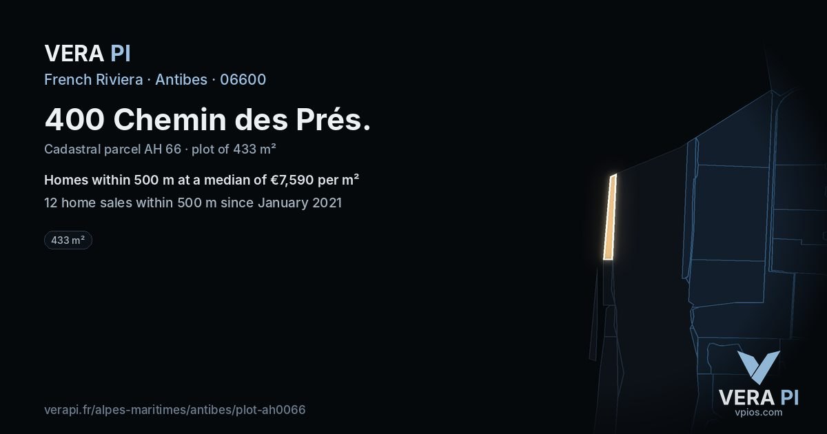 400 Chemin des Prés, Antibes at night – the plot lit, the parcels around coloured by the prices near them