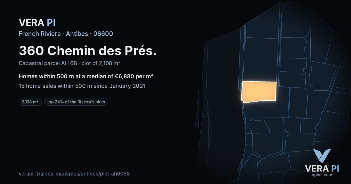 360 Chemin des Prés, Antibes at night – the plot lit, the parcels around coloured by the prices near them