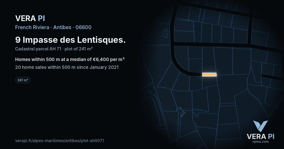 9 Impasse des Lentisques, Antibes at night – the plot lit, the parcels around coloured by the prices near them