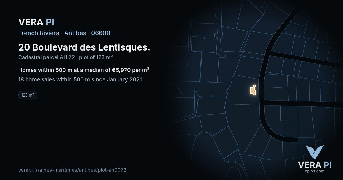 20 Boulevard des Lentisques, Antibes at night – the plot lit, the parcels around coloured by the prices near them
