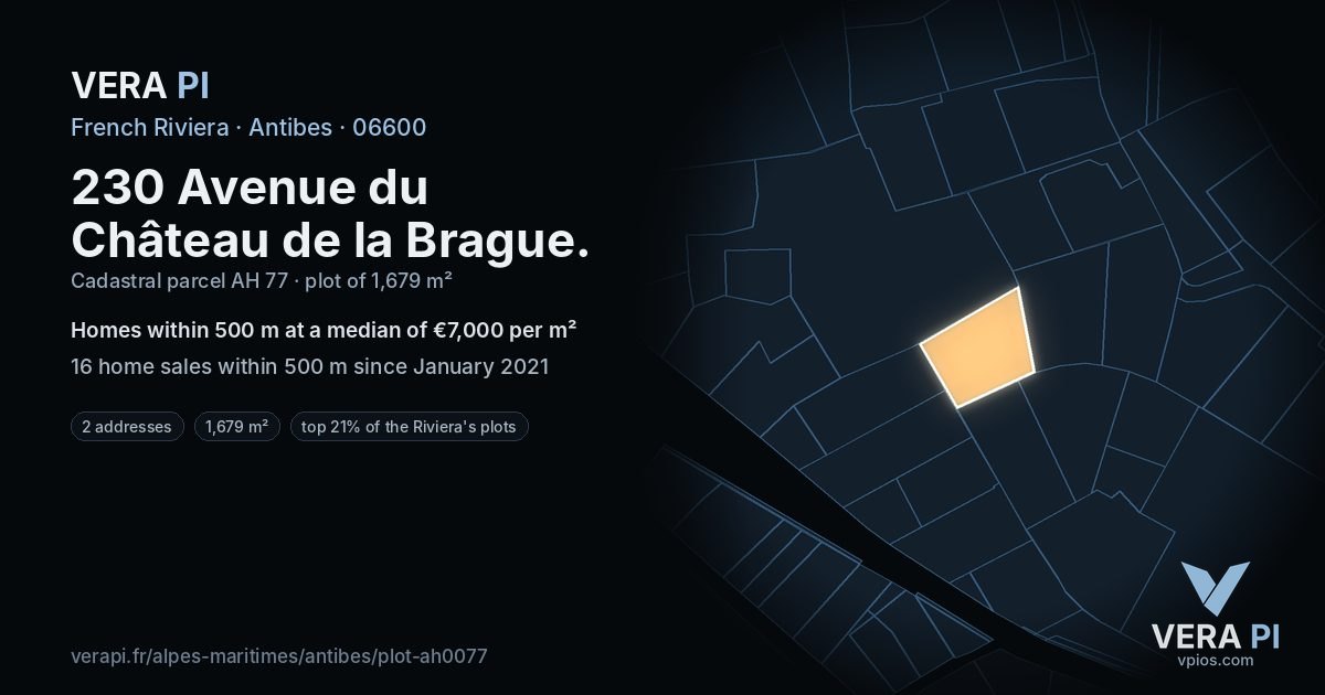 230 Avenue du Château de la Brague, Antibes at night – the plot lit, the parcels around coloured by the prices near them